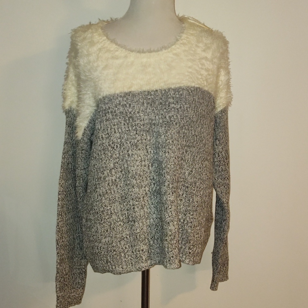 Vince Camuto Womens Eyelash And Marled Knit Sweater Soft Fuzzy Crew Neck